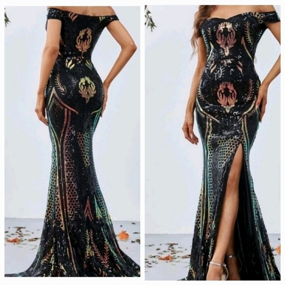 Black Plants Pattern Sequined Split Maxi Gown - Picture 1 of 10